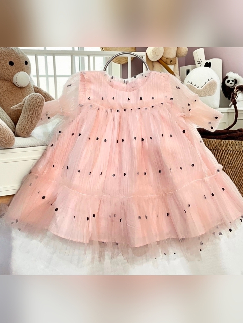 308. Bonnie Baby Pink & Black Metallic Foil Dot Tulle Party Dress - 6M